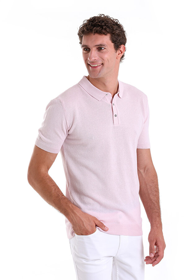 Pembe Regular Fit Polo Yaka Pamuklu Jakarlı Triko Tişört