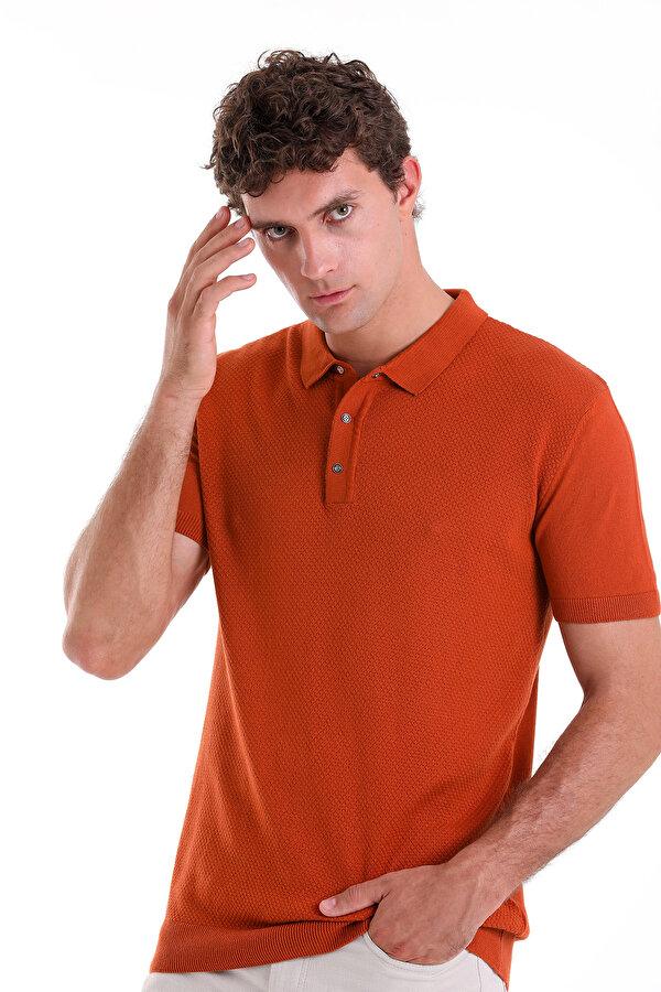 Turuncu Regular Fit Polo Yaka Pamuklu Jakarlı Triko Tişört