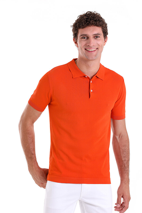 Turuncu Regular Fit Düz Rayon Polo Yaka Triko Tişört