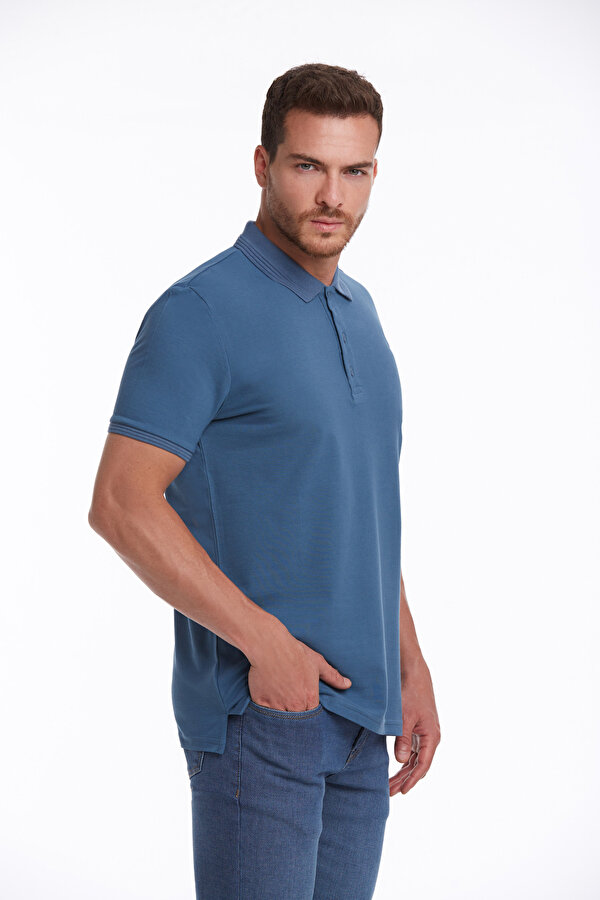 indigo Regular Fit Düz 100% Pamuk Polo Yaka Tişört