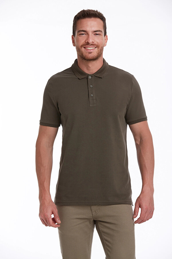 Haki Regular Fit Düz 100% Pamuk Polo Yaka Tişört