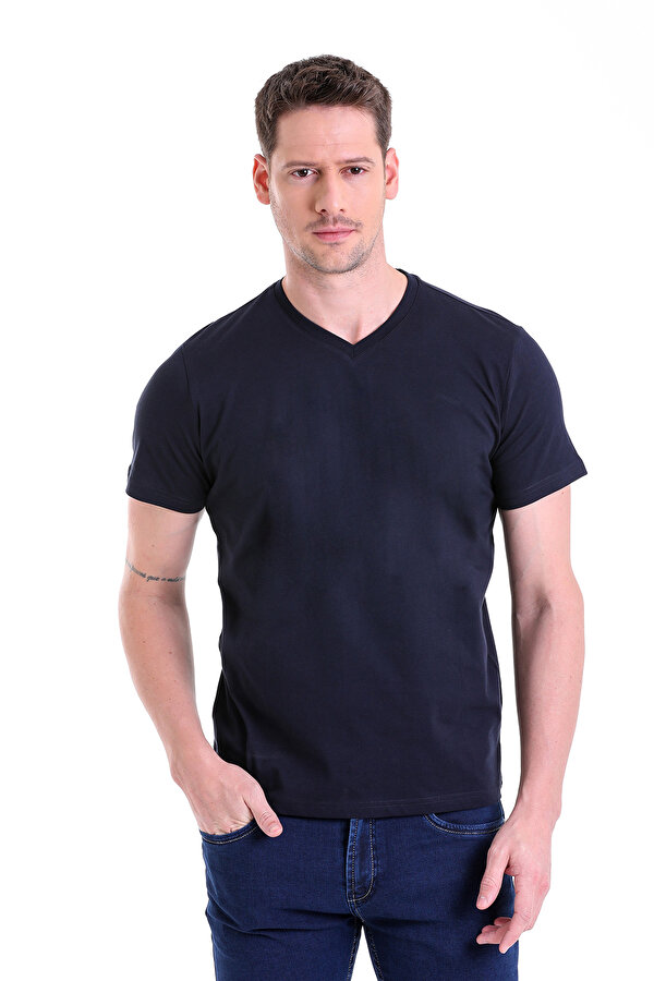 Lacivert Regular Fit Düz V Yaka %100 Pamuk Jersey Tişört