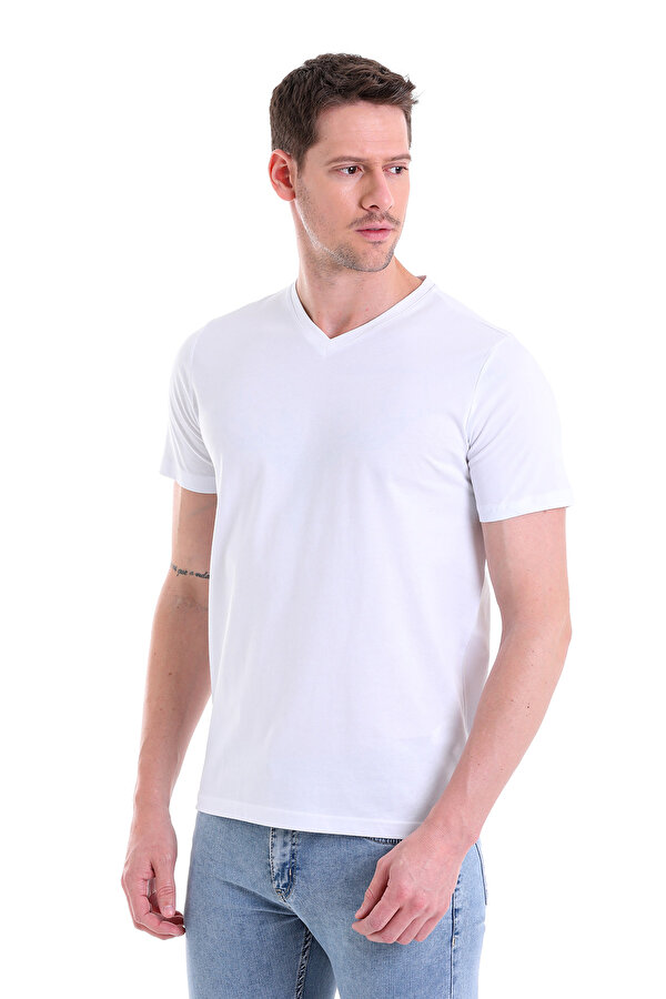 Beyaz Regular Fit Düz V Yaka %100 Pamuk Jersey Tişört