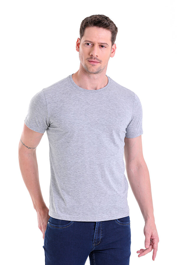 Gri Regular Fit Düz 100% Pamuk Bisiklet Yaka Tişört