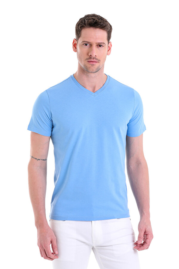 Mavi Regular Fit Düz V Yaka %100 Pamuk Jersey Tişört