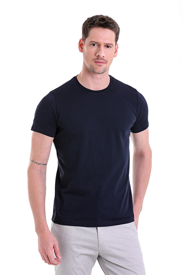 Lacivert Regular Fit Düz 100% Pamuk Bisiklet Yaka Tişört