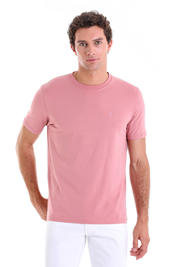 Pembe Regular Fit Düz Pamuklu Bisiklet Yaka Triko Tişört