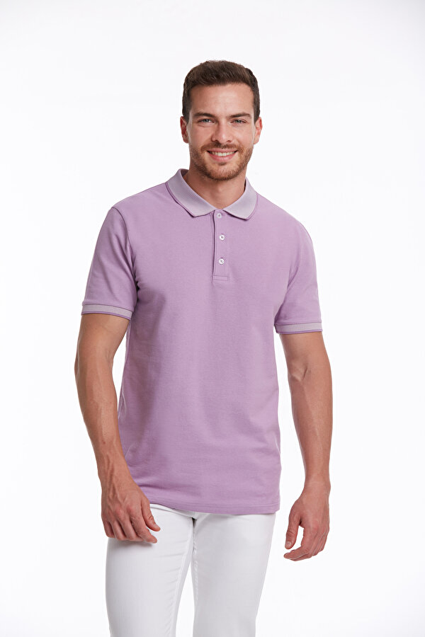 Lila Regular Fit Düz 100% Pamuk Polo Yaka Tişört