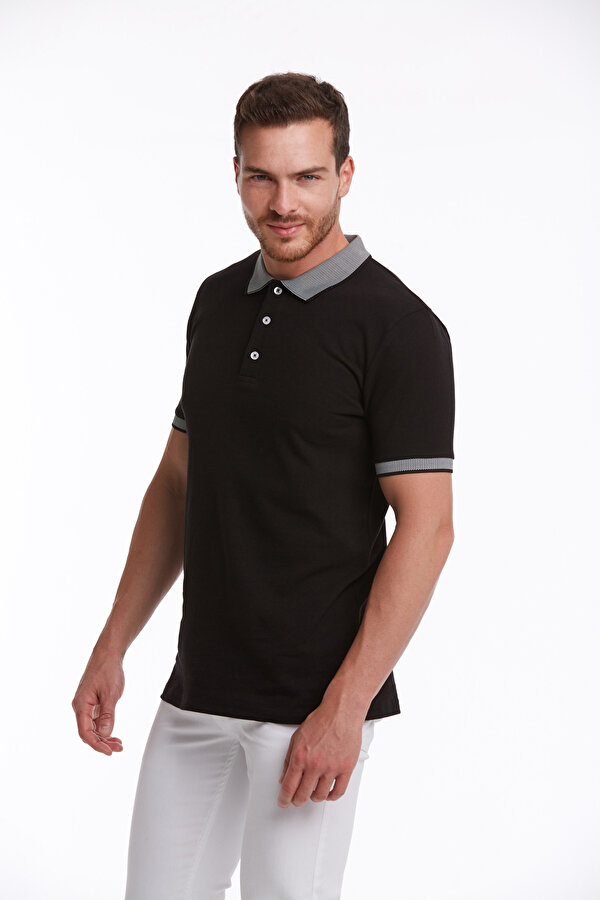 Siyah Regular Fit Düz 100% Pamuk Polo Yaka Tişört