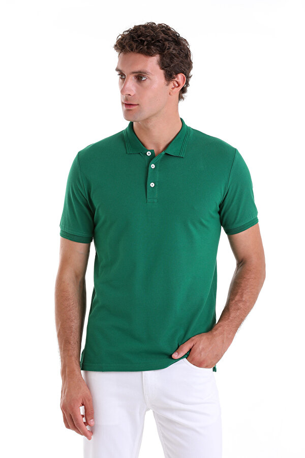 Yeşil Regular Fit Polo Yaka Düz %100 Pamuk Pike Tişört