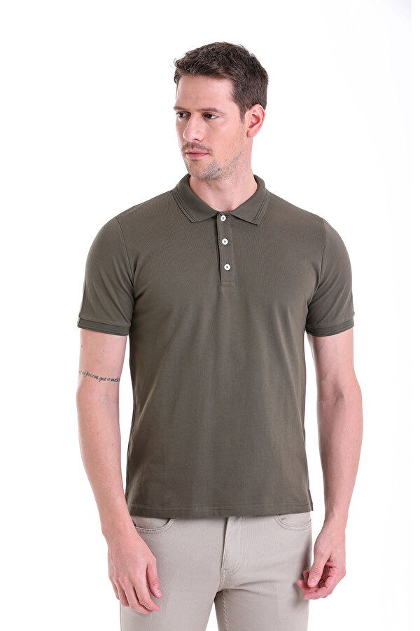 Haki Regular Fit Polo Yaka Düz %100 Pamuk Pike Tişört