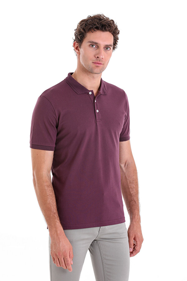 Mor Regular Fit Polo Yaka Düz %100 Pamuk Pike Tişört