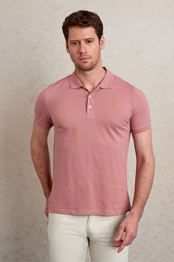 Pembe Regular Fit Polo Yaka Düz %100 Pamuk Pike Tişört
