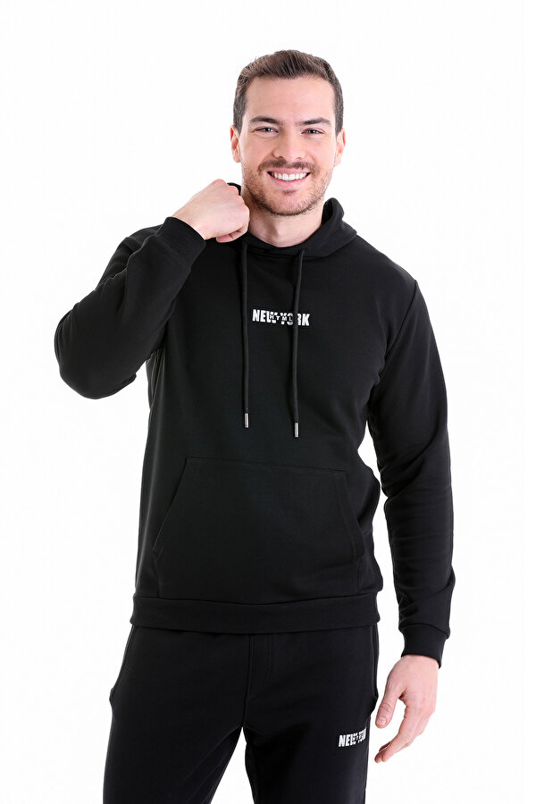 Siyah Regular Fit Düz Pamuklu Kapüşonlu Kanguru Cepli Sweatshirt