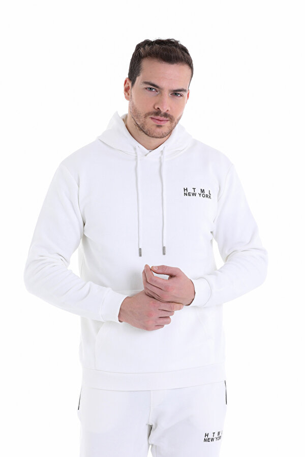 Ekru Regular Fit Düz Pamuklu Kapüşonlu Kanguru Cepli Sweatshirt