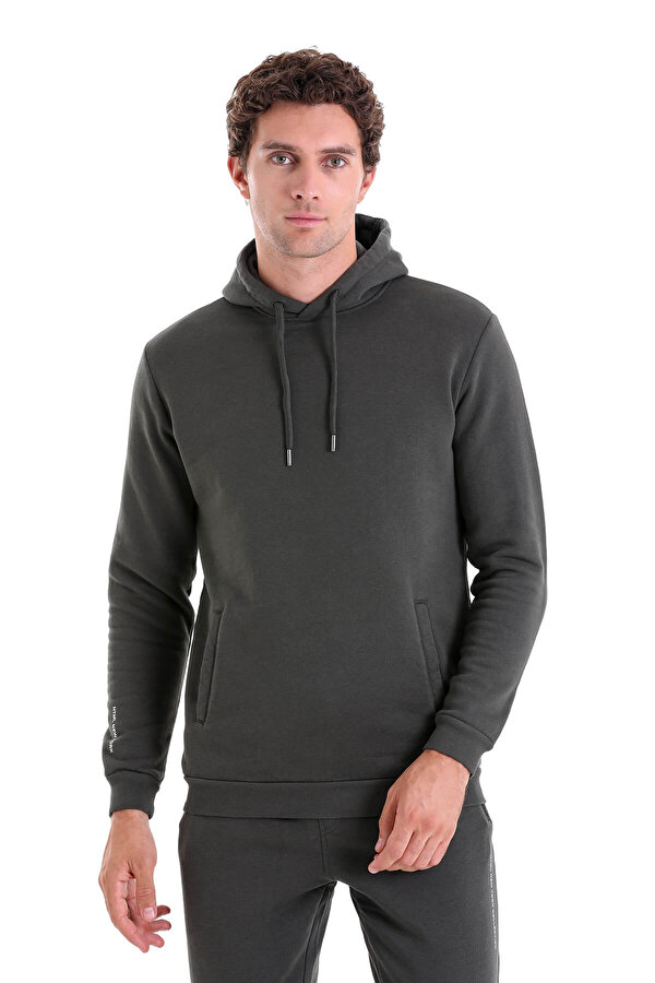 Haki Regular Fit Düz Pamuklu Kapüşonlu Kanguru Cepli Sweatshirt
