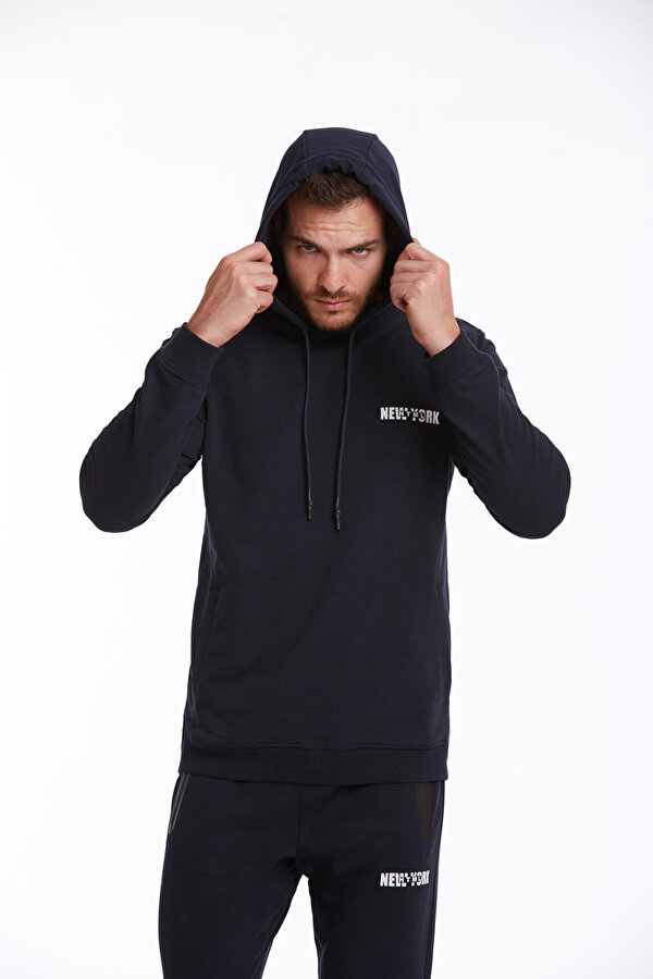 Lacivert Regular Fit Düz Pamuklu Kapüşonlu Kanguru Cepli Sweatshirt