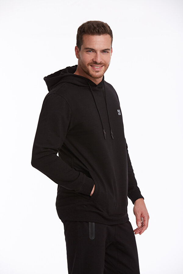Siyah Regular Fit Düz Pamuklu Kapüşonlu Kanguru Cepli Sweatshirt