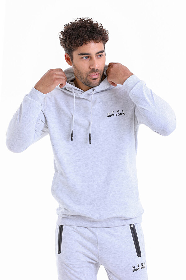 Gri Regular Fit Düz Pamuklu Kapüşonlu Kanguru Cepli Sweatshirt