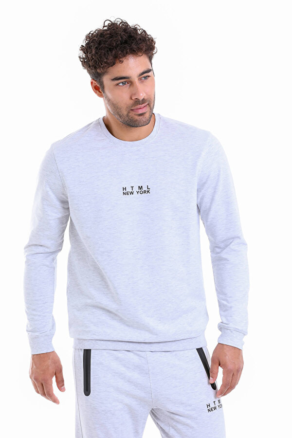 Gri Regular Fit Düz Pamuklu Bisiklet Yaka Sweatshirt