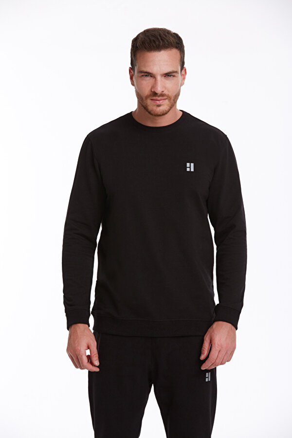 Siyah Regular Fit Düz Pamuklu Bisiklet Yaka Sweatshirt