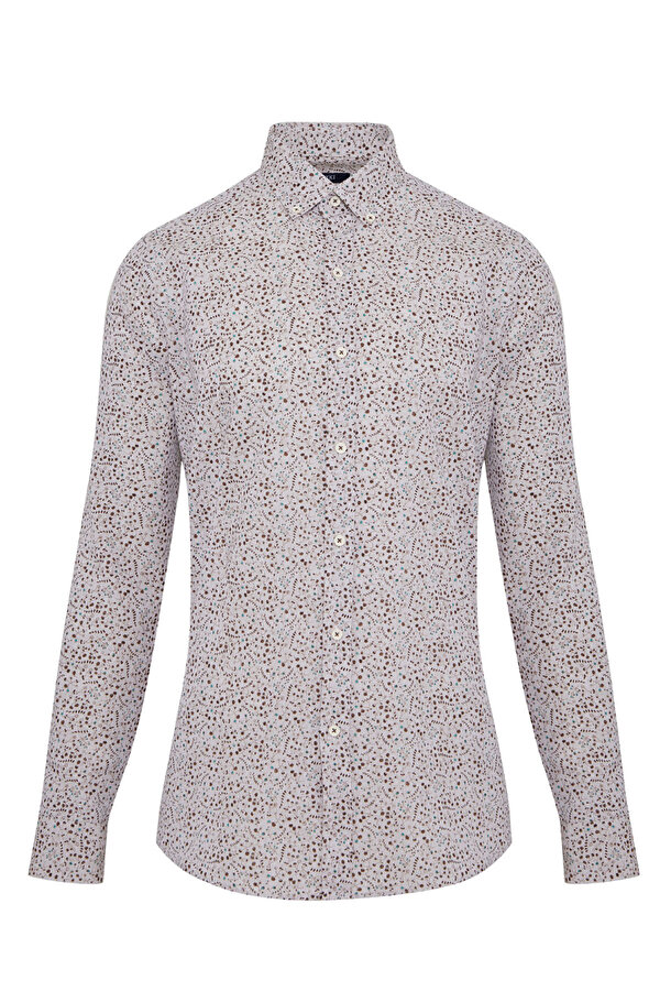 Kahverengi Slim Fit Baskılı Düğmeli Yaka Uzun Kollu Casual Keten Gömlek