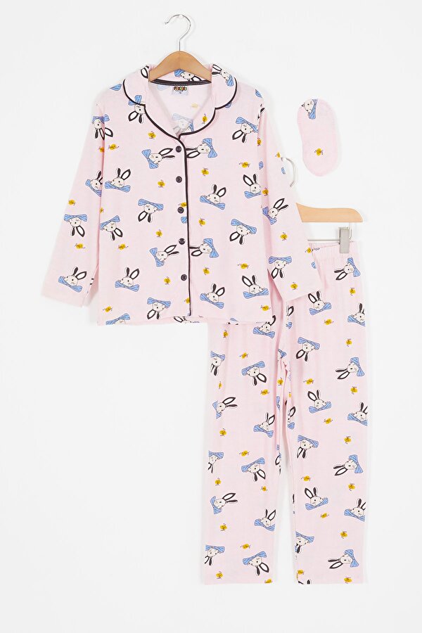 Pembe Tavşan Desenli Düğmeli Kız Çocuk Pijama Takımı 17087