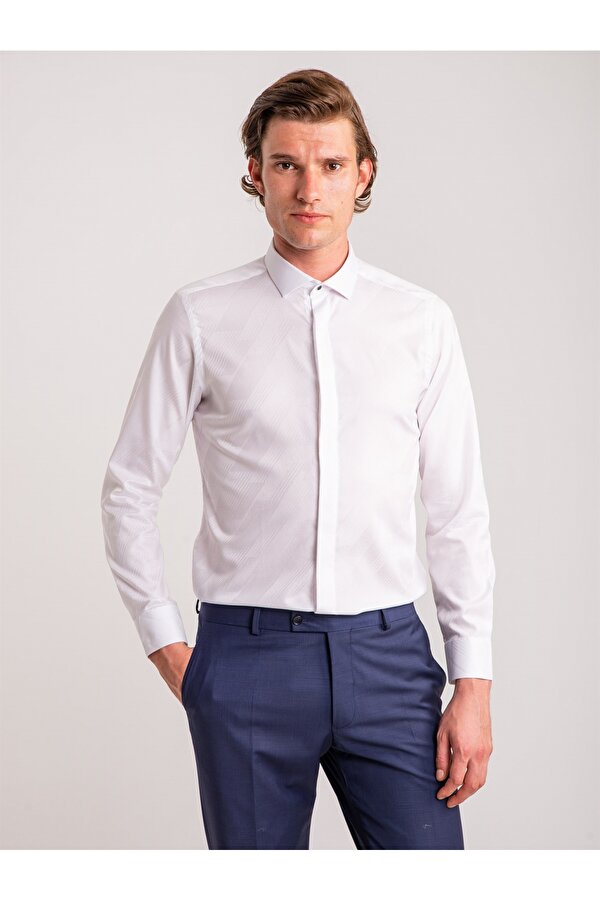 Beyaz Erkek Slim Fit Çizgili Brent Yaka Uzun Kol Gömlek - 58629