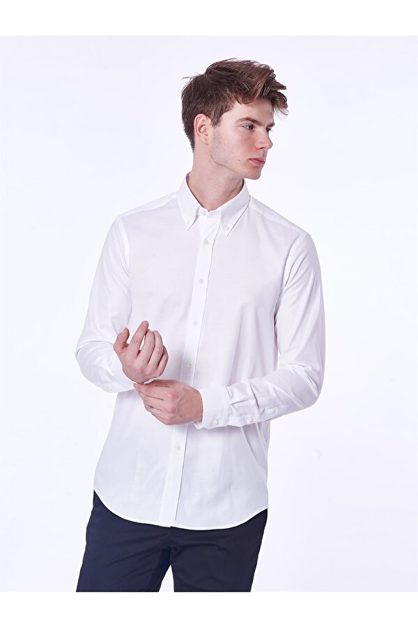 Beyaz Erkek Slim Fit Düz Brent Yaka Uzun Kol Gömlek - 36106