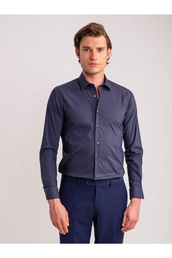 Lacivert Erkek Ekstra Slim Fit Düz Brent Yaka Uzun Kol Gömlek - 62471