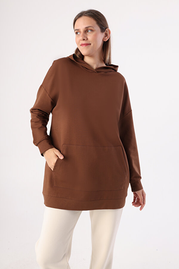 Kahve Kanguru Cepli Kapüşonlu Sweat Tunik