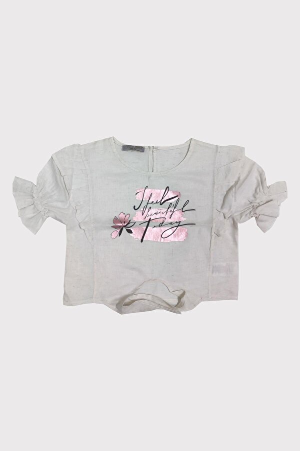Kız Çocuk Yırtmaçlı I Feel Beatiful Keten T-Shirt