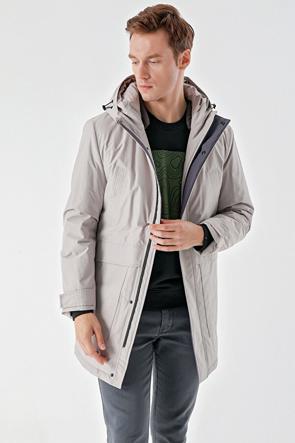 Erkek Taş Polyester Çıtçıtlı Kapüşonlu Mont