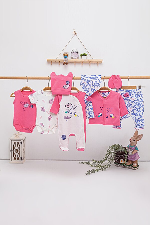 Pembe-Beyaz Renkli Tavşan Desenli 8 li Bebek Hastane Çıkışı Seti 16851