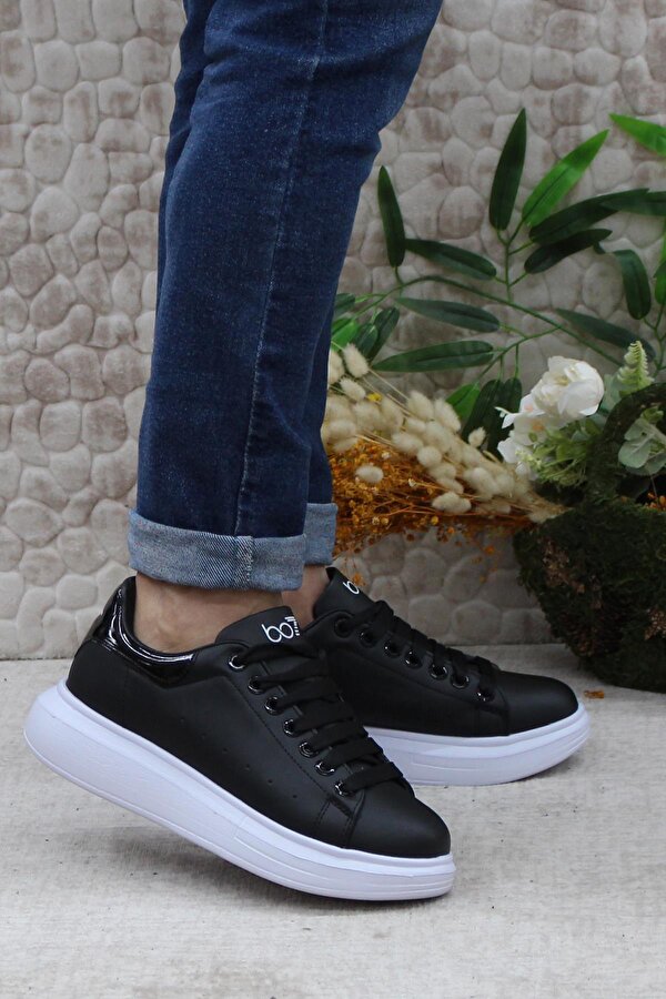 B-150 Siyah Beyaz Rahat Kalın Taban Sneaker Erkek Spor Ayakkabı