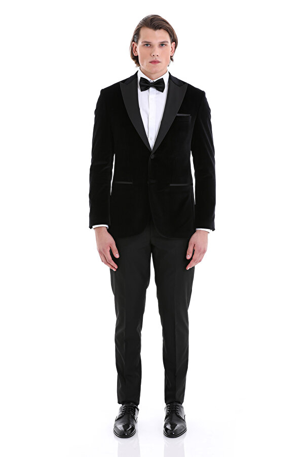 Siyah Slim Fit Düz Sivri Yaka Kadife Klasik Damatlık