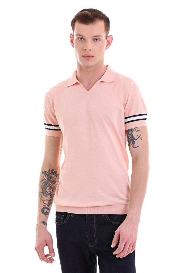 Pembe Slim Fit Çizgili Polo Yaka Triko Tişört