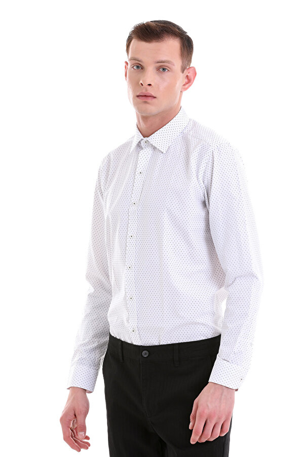 Gri Slim Fit Baskılı Pamuklu Slim Yaka Uzun Kollu Klasik Gömlek