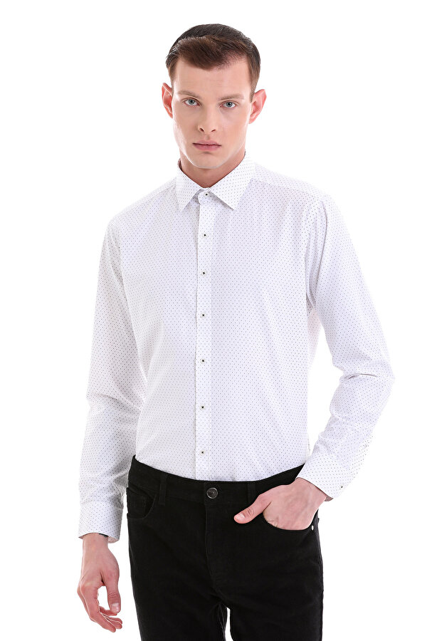 Siyah Slim Fit Baskılı Pamuklu Slim Yaka Uzun Kollu Klasik Gömlek