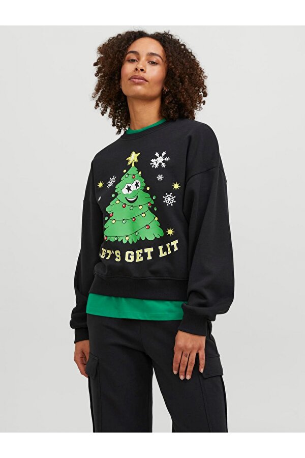 Bisiklet Yaka Rahat Kesim Siyah Kadın Sweatshirt 12250198