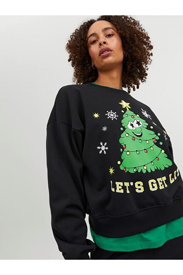 Bisiklet Yaka Rahat Kesim Siyah Kadın Sweatshirt 12250198