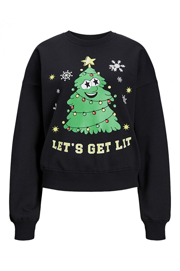 Bisiklet Yaka Rahat Kesim Siyah Kadın Sweatshirt 12250198