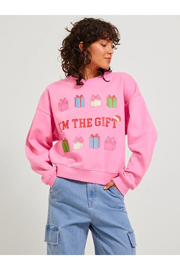 Bisiklet Yaka Rahat Kesim Pembe Kadın Sweatshirt 12250198