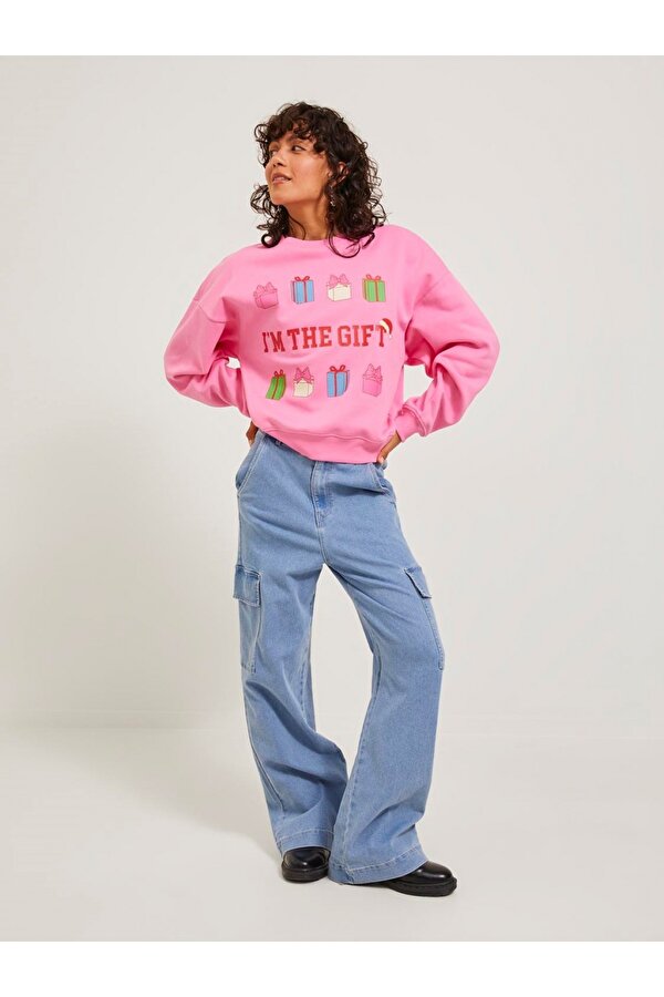 Bisiklet Yaka Rahat Kesim Pembe Kadın Sweatshirt 12250198