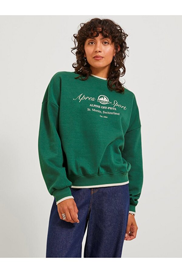 Bisiklet Yaka Rahat Kesim Baskılı Yeşil Kadın Sweatshirt 12246744