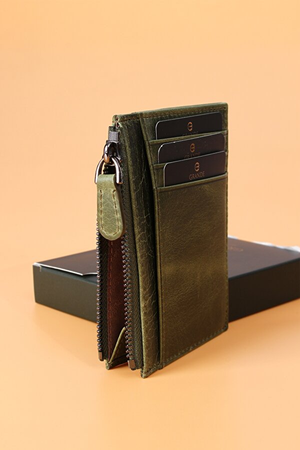 853 Unisex hakiki deri slim kartlık Crazy Yeşil