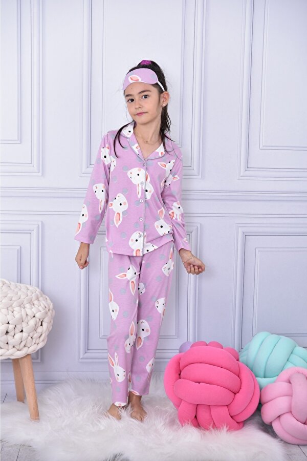 Koyu Pembe Tavşanlı Puantiyeli Kız Çocuk Pijama Takımı 17088