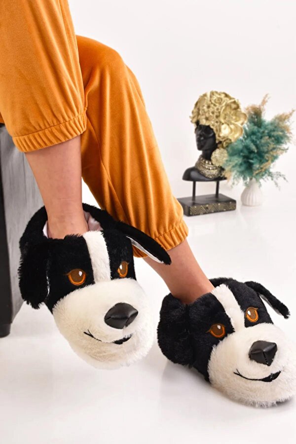 Unisex Köpek Figürlü Gri Taba Peluş Panduf  Hayvanlı Ev Botu