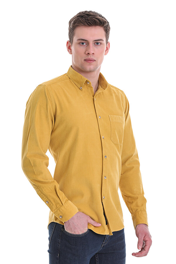 Hardal Slim Fit Düz 100% Pamuklu Düğmeli Yaka Uzun Kollu Klasik Gömlek
