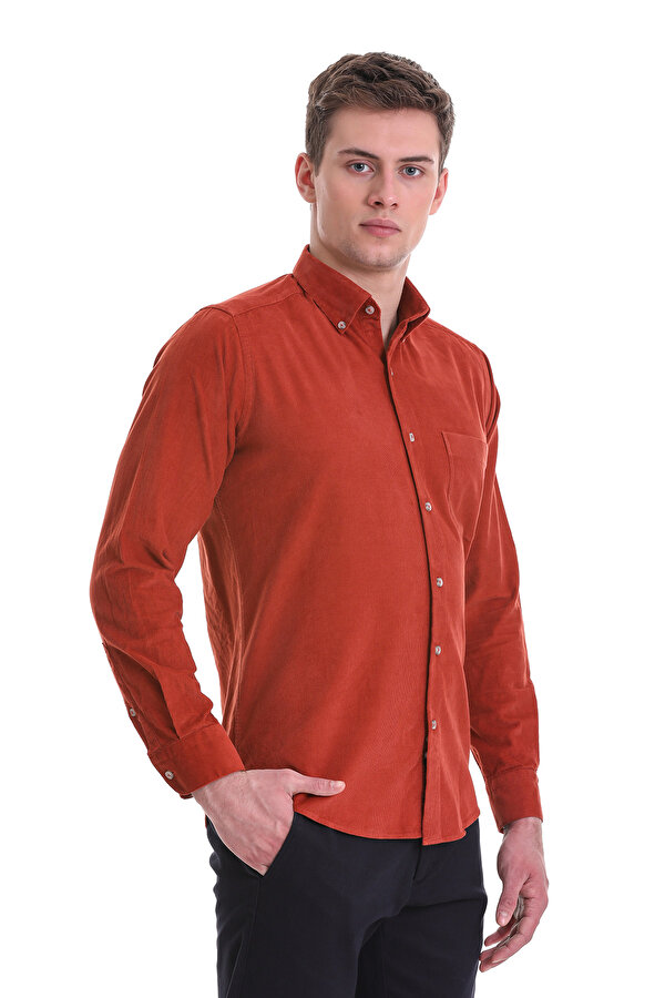 Kiremit Slim Fit Düz 100% Pamuklu Düğmeli Yaka Uzun Kollu Klasik Gömlek